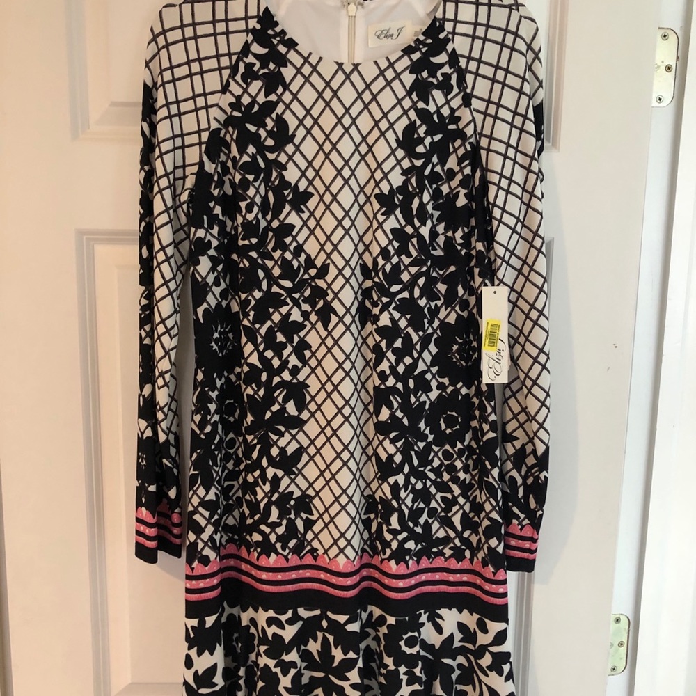 Eliza dress. Black and white with pink/red stripe